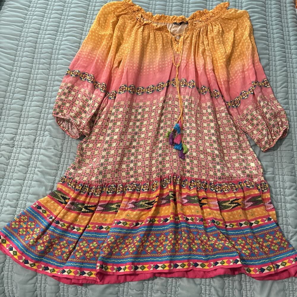 Tanvi Kedia Bright Colors Beading Tassel Tie Lightweight Dress Boho Peasant EUC